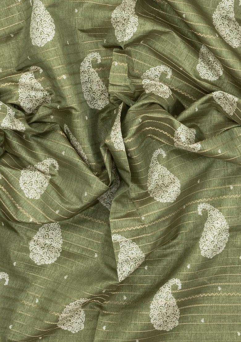 Cardamom Green Printed Synthetic Dola Silk Saree With Zari Stripes Border For Women - Indya