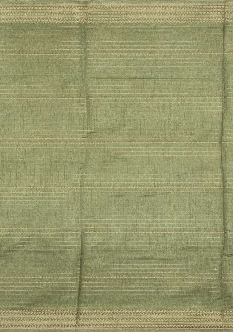 Cardamom Green Printed Synthetic Dola Silk Saree With Zari Stripes Border For Women - Indya