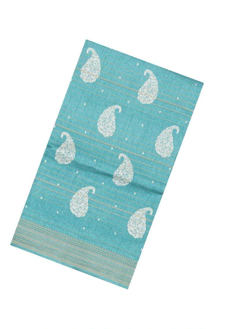 Turquoise Printed Synthetic Dola Silk Saree With Zari Stripes Border For Women - Indya
