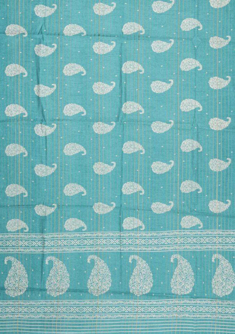 Turquoise Printed Synthetic Dola Silk Saree With Zari Stripes Border For Women - Indya