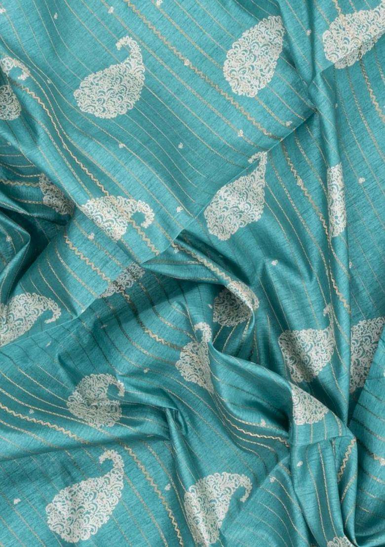 Turquoise Printed Synthetic Dola Silk Saree With Zari Stripes Border For Women - Indya