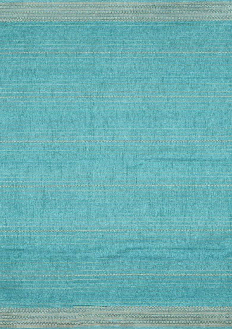 Turquoise Printed Synthetic Dola Silk Saree With Zari Stripes Border For Women - Indya