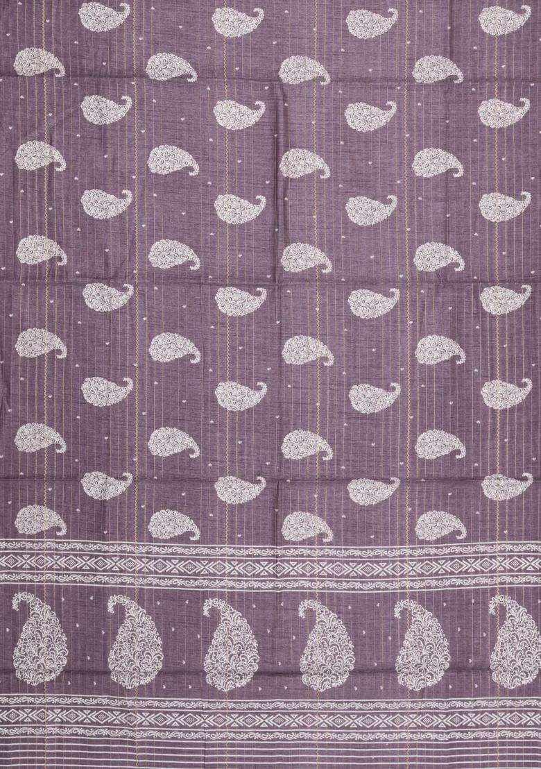 Lilac Printed Synthetic Dola Silk Saree With Zari Stripes Border For Women - Indya