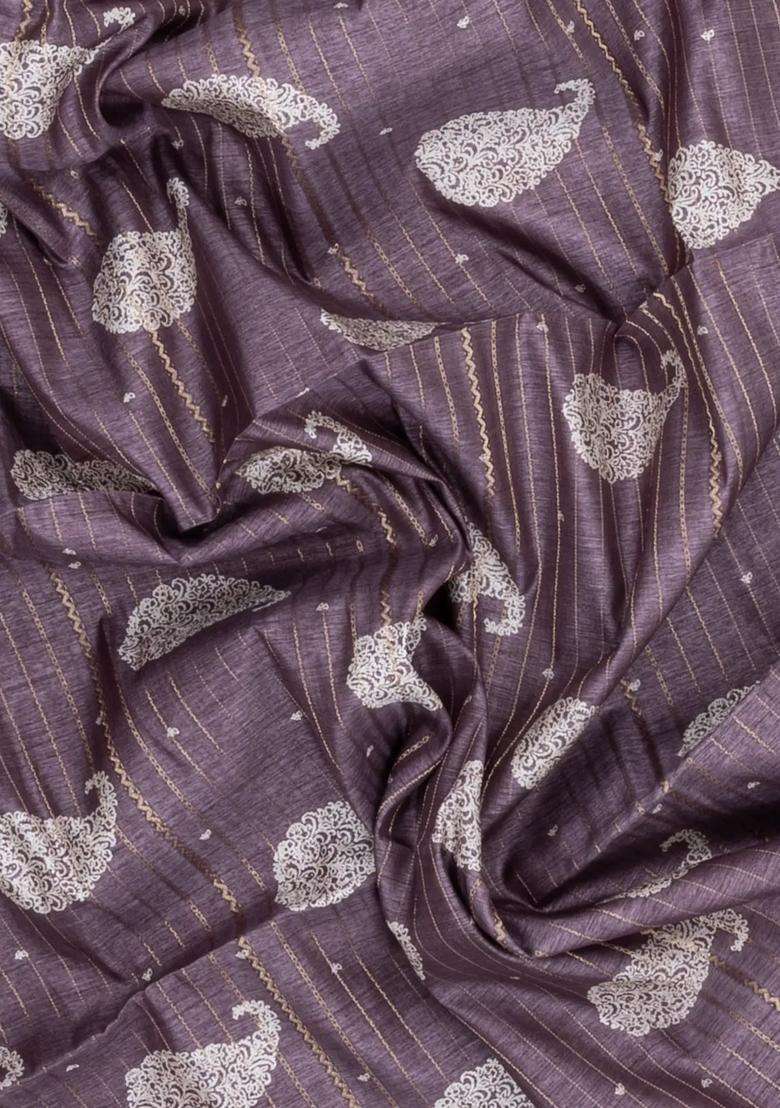 Lilac Printed Synthetic Dola Silk Saree With Zari Stripes Border For Women - Indya
