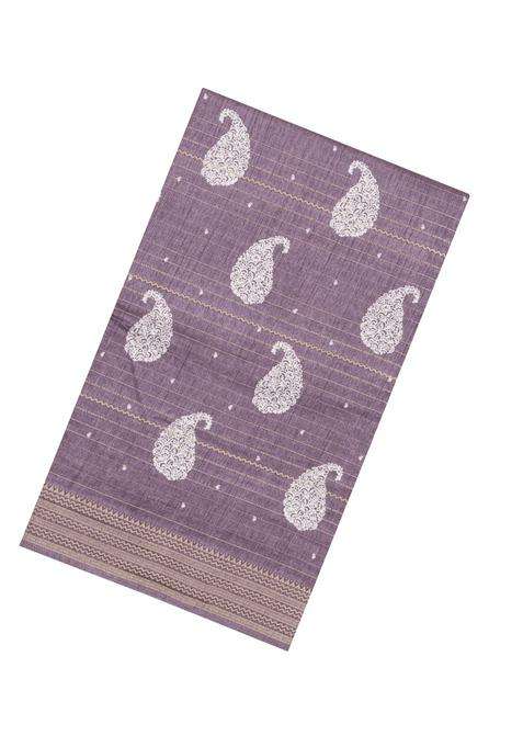 Lilac Printed Synthetic Dola Silk Saree With Zari Stripes Border For Women