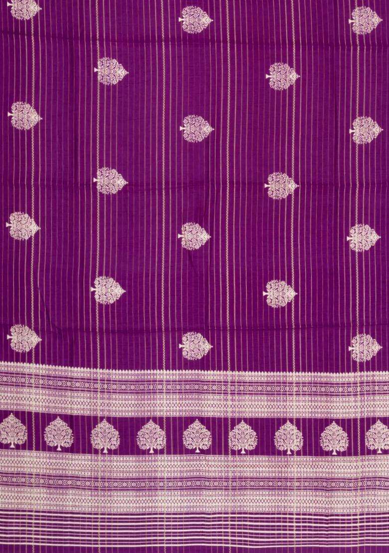 Purple Printed Synthetic Dola Silk Saree With Zari Stripes Border For Women - Indya