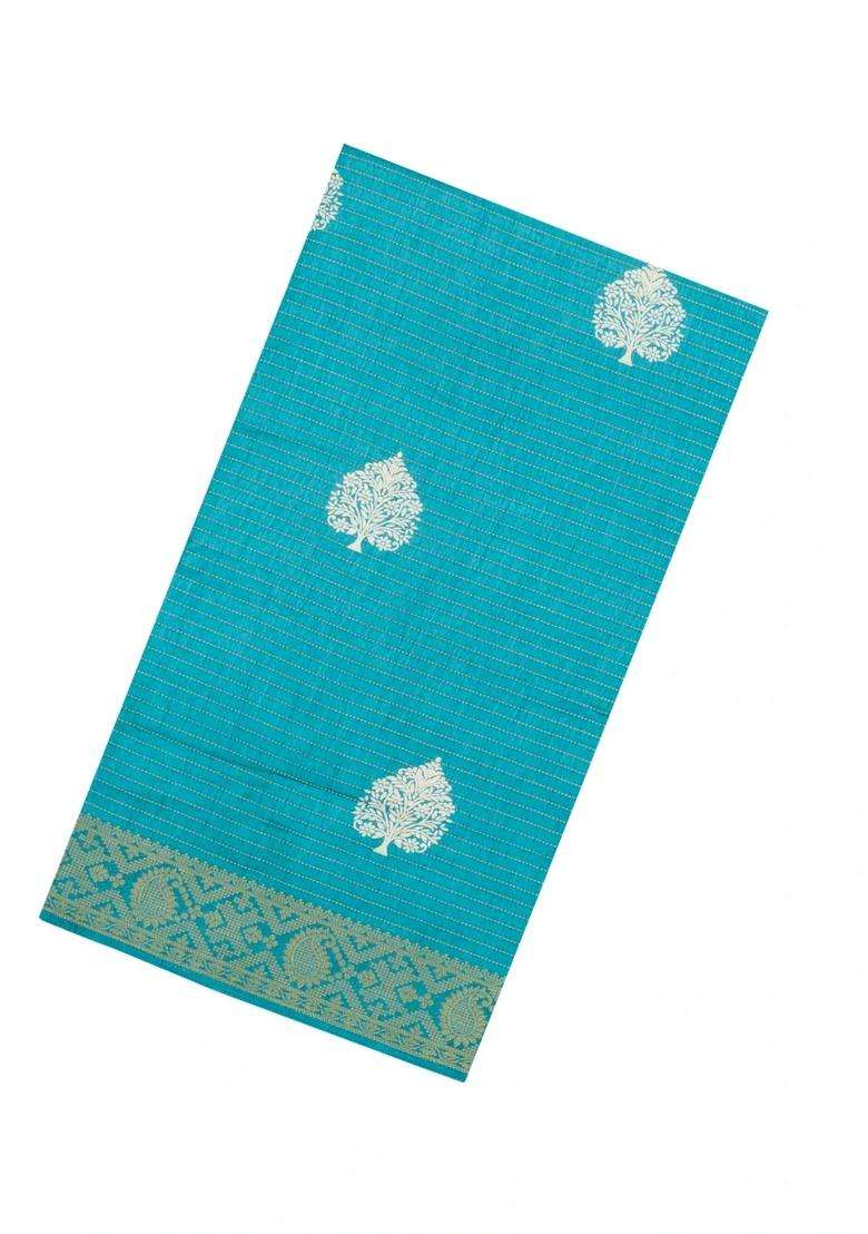 Cyan Printed Synthetic Dola Silk Saree With Zari Stripes Border For Women - Indya