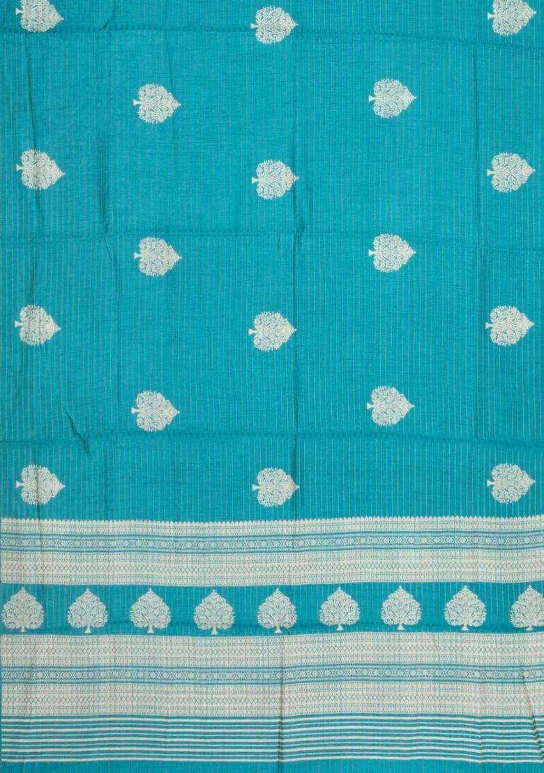 Cyan Printed Synthetic Dola Silk Saree With Zari Stripes Border For Women - Indya