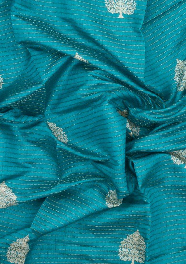 Cyan Printed Synthetic Dola Silk Saree With Zari Stripes Border For Women - Indya