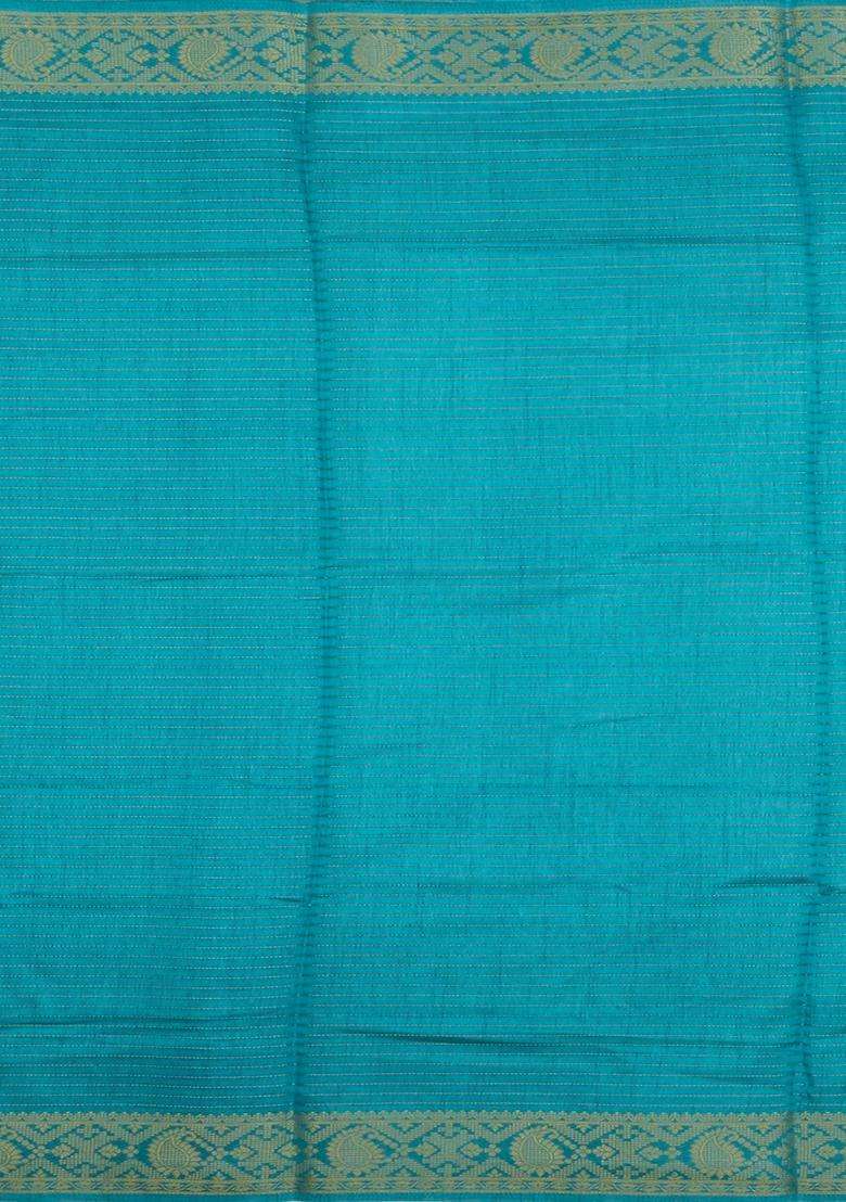 Cyan Printed Synthetic Dola Silk Saree With Zari Stripes Border For Women - Indya