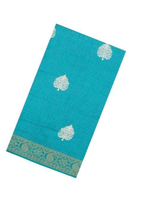 Cyan Printed Synthetic Dola Silk Saree With Zari Stripes Border For Women