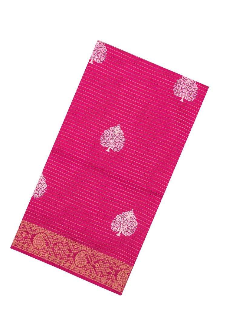 Hot Pink Printed Synthetic Dola Silk Saree With Zari Stripes Border For Women - Indya