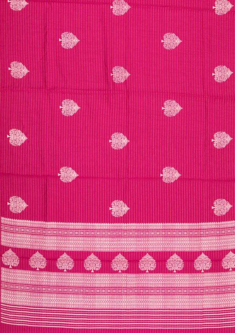 Hot Pink Printed Synthetic Dola Silk Saree With Zari Stripes Border For Women - Indya