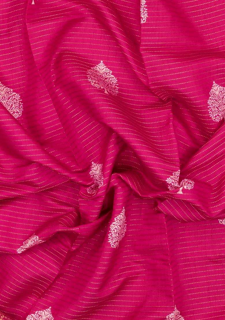Hot Pink Printed Synthetic Dola Silk Saree With Zari Stripes Border For Women - Indya