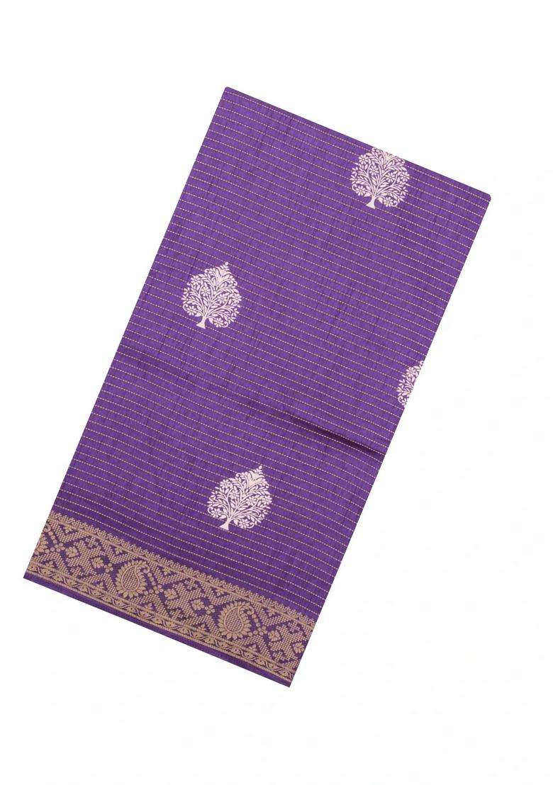 Lilac Printed Synthetic Dola Silk Saree With Zari Stripes Border For Women - Indya