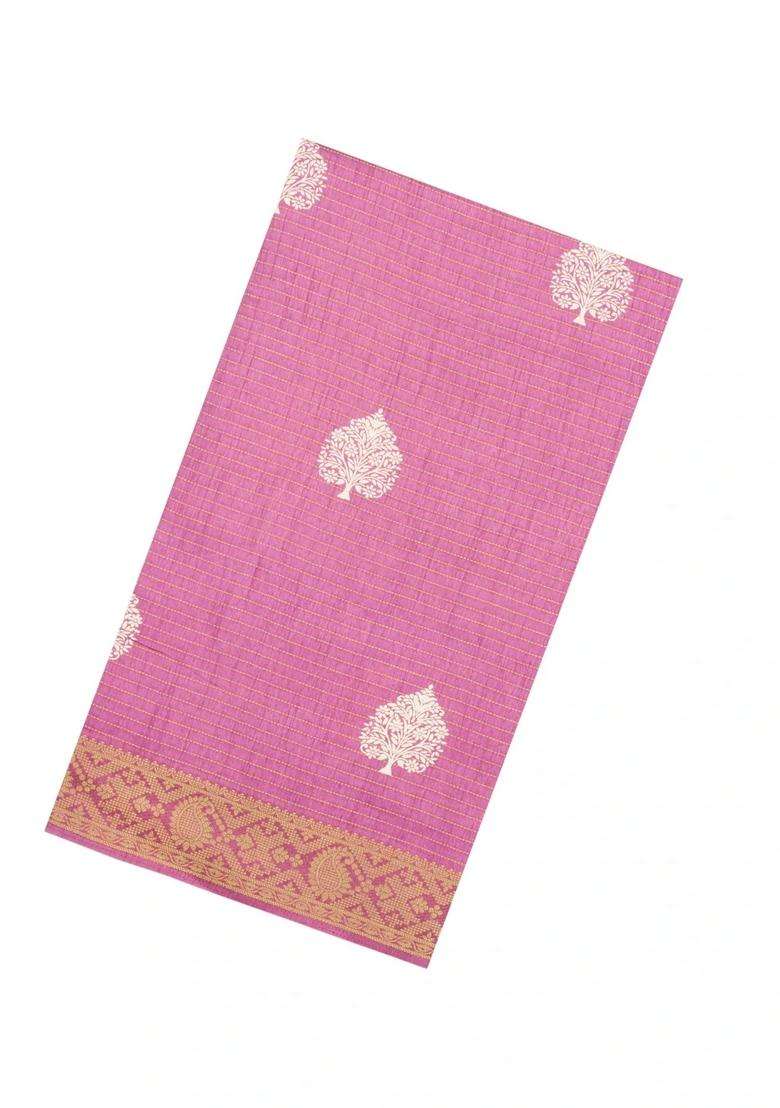 Baby Pink Printed Synthetic Dola Silk Saree With Zari Stripes Border For Women - Indya