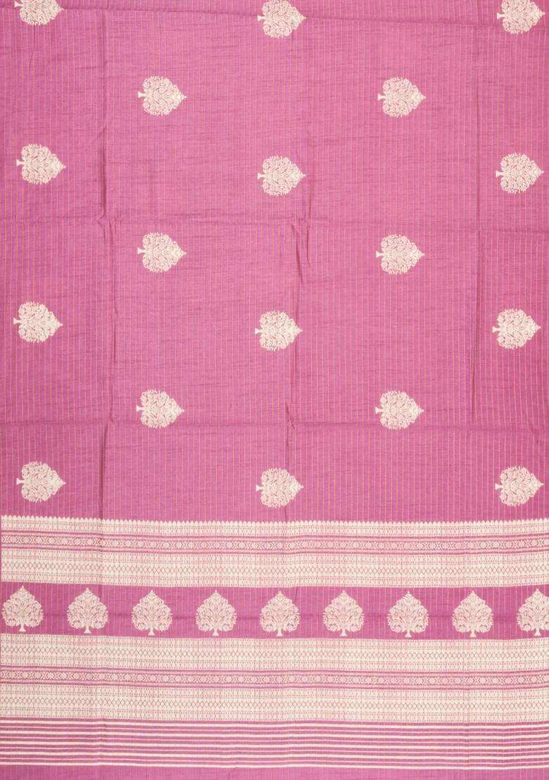 Baby Pink Printed Synthetic Dola Silk Saree With Zari Stripes Border For Women - Indya