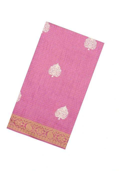 Baby Pink Printed Synthetic Dola Silk Saree With Zari Stripes Border For Women
