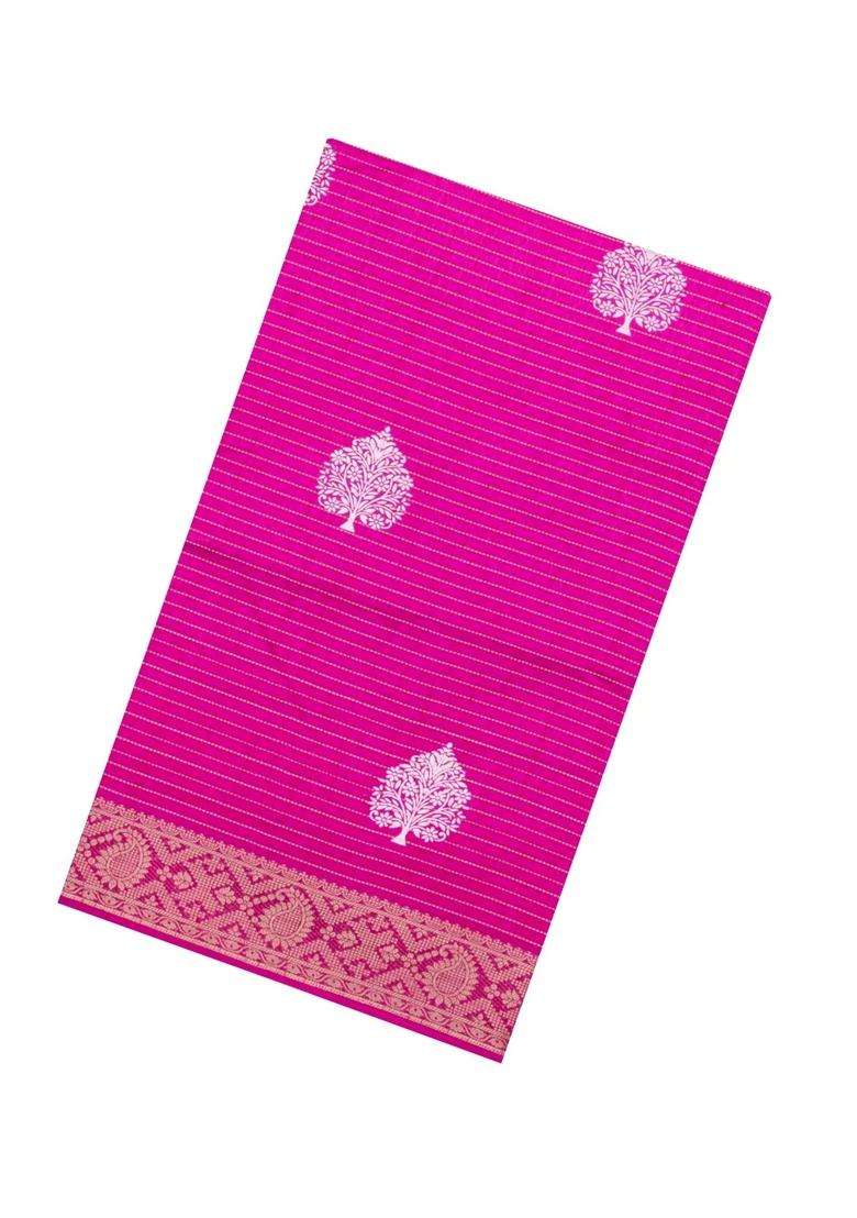 Hot Pink Printed Synthetic Dola Silk Saree With Zari Stripes Border For Women - Indya