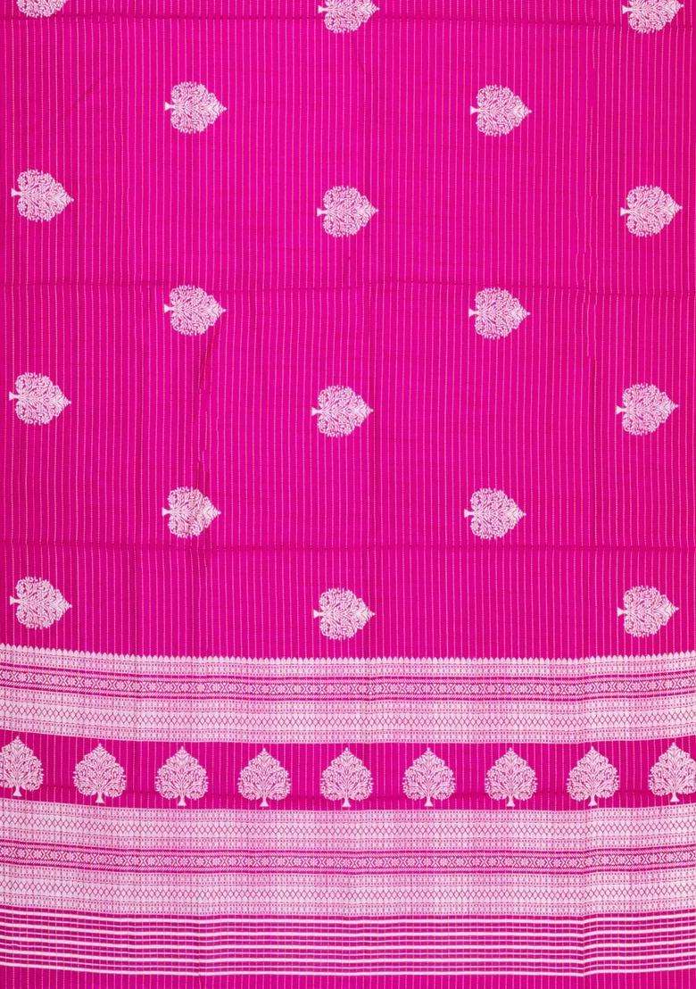 Hot Pink Printed Synthetic Dola Silk Saree With Zari Stripes Border For Women - Indya