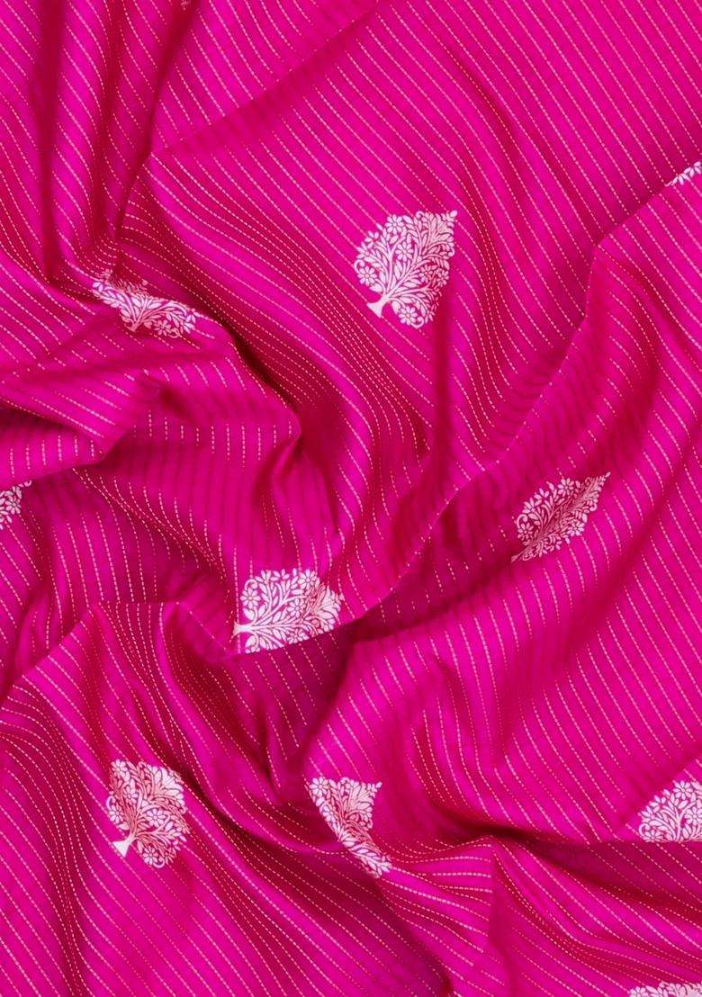 Hot Pink Printed Synthetic Dola Silk Saree With Zari Stripes Border For Women - Indya