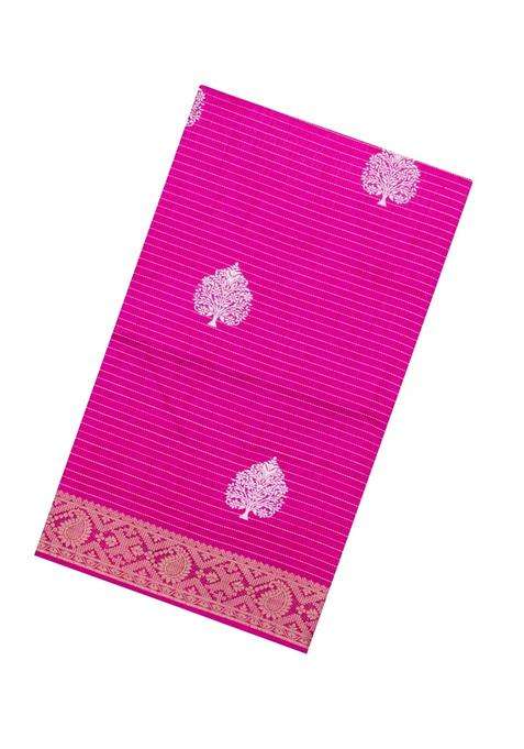 Hot Pink Printed Synthetic Dola Silk Saree With Zari Stripes Border For Women