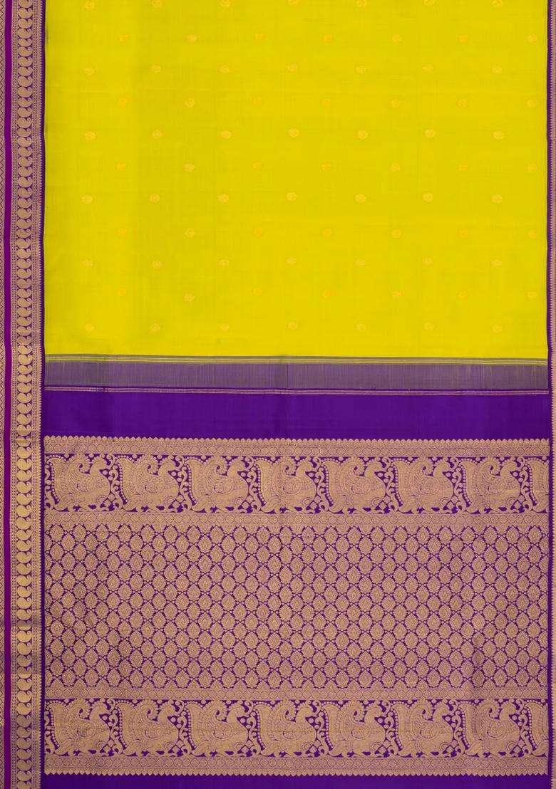 Neon Green Handloom Korvai Kanchipuram Silk Saree With Zari Buttas With Korvai And Temple Border Design For Women - Indya