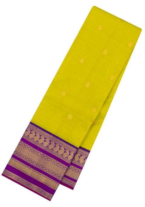 Neon Green Handloom Korvai Kanchipuram Silk Saree With Zari Buttas With Korvai And Temple Border Design For Women