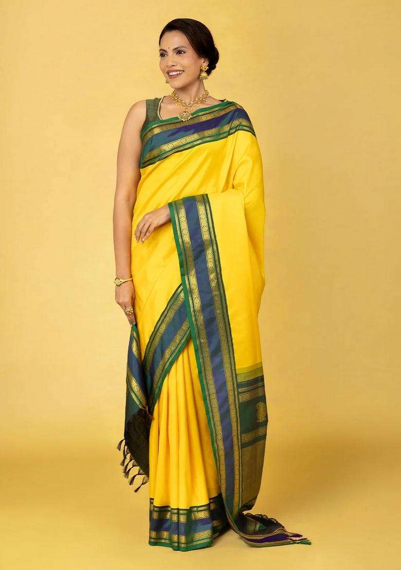 Lime Yellow Lemon Yellow Handloom Korvai Kanchipuram Silk Saree With Teal Border With Korvai And Temple Border Design For Women - Indya