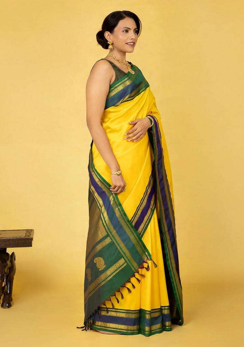 Lime Yellow Lemon Yellow Handloom Korvai Kanchipuram Silk Saree With Teal Border With Korvai And Temple Border Design For Women - Indya