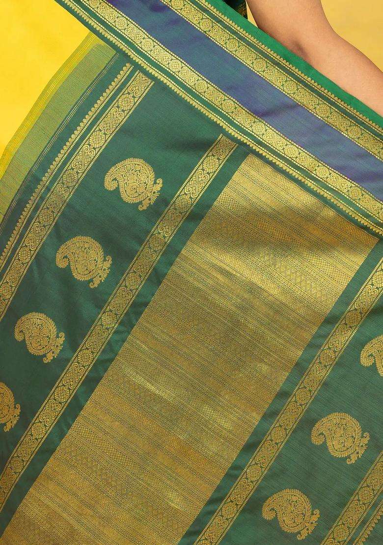 Lime Yellow Lemon Yellow Handloom Korvai Kanchipuram Silk Saree With Teal Border With Korvai And Temple Border Design For Women - Indya