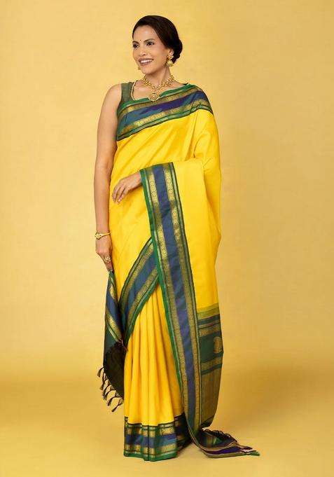 Lime Yellow Lemon Yellow Handloom Korvai Kanchipuram Silk Saree With Teal Border With Korvai And Temple Border Design For Women