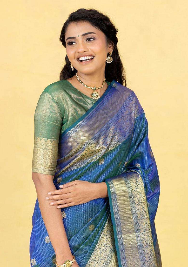Blue Handloom Kanchipuram Silk Saree With Zari Checks Buttas With Buttas And Brocade Design For Women - Indya
