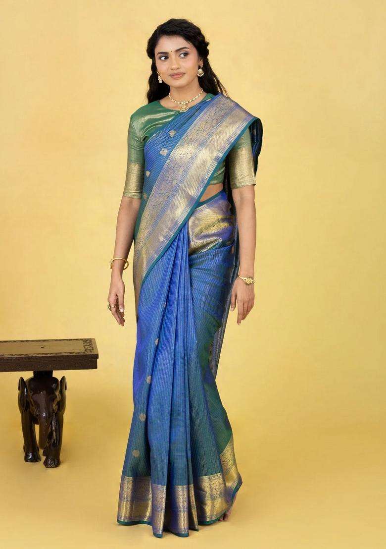 Blue Handloom Kanchipuram Silk Saree With Zari Checks Buttas With Buttas And Brocade Design For Women - Indya