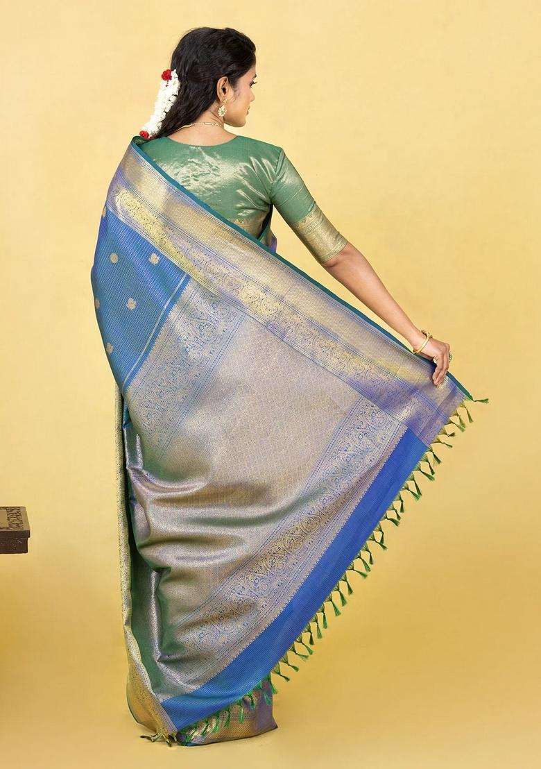 Blue Handloom Kanchipuram Silk Saree With Zari Checks Buttas With Buttas And Brocade Design For Women - Indya