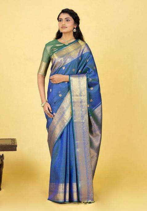 Blue Handloom Kanchipuram Silk Saree With Zari Checks Buttas With Buttas And Brocade Design For Women
