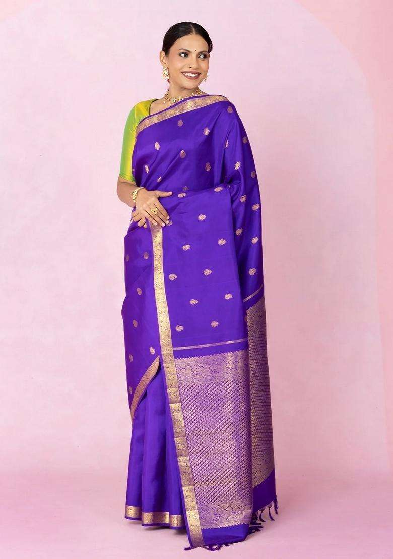 Purple Handloom Kanchipuram Silk Saree With Zari Buttas With Buttas And Brocade Design For Women - Indya