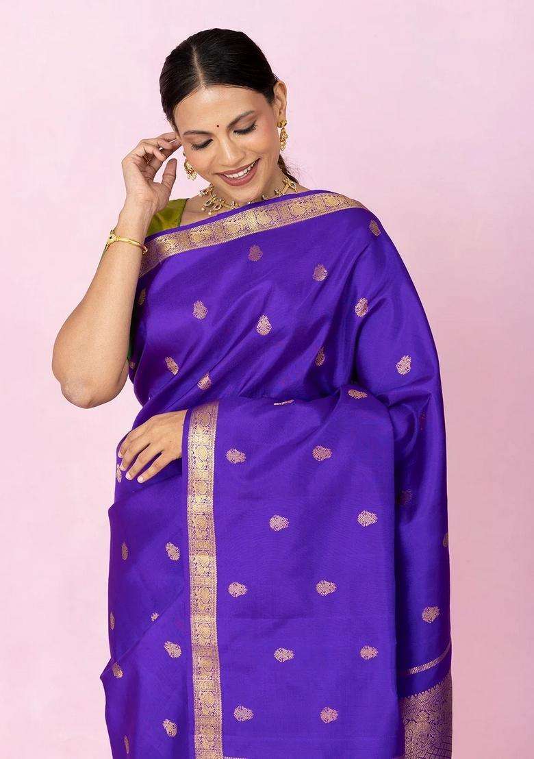 Purple Handloom Kanchipuram Silk Saree With Zari Buttas With Buttas And Brocade Design For Women - Indya
