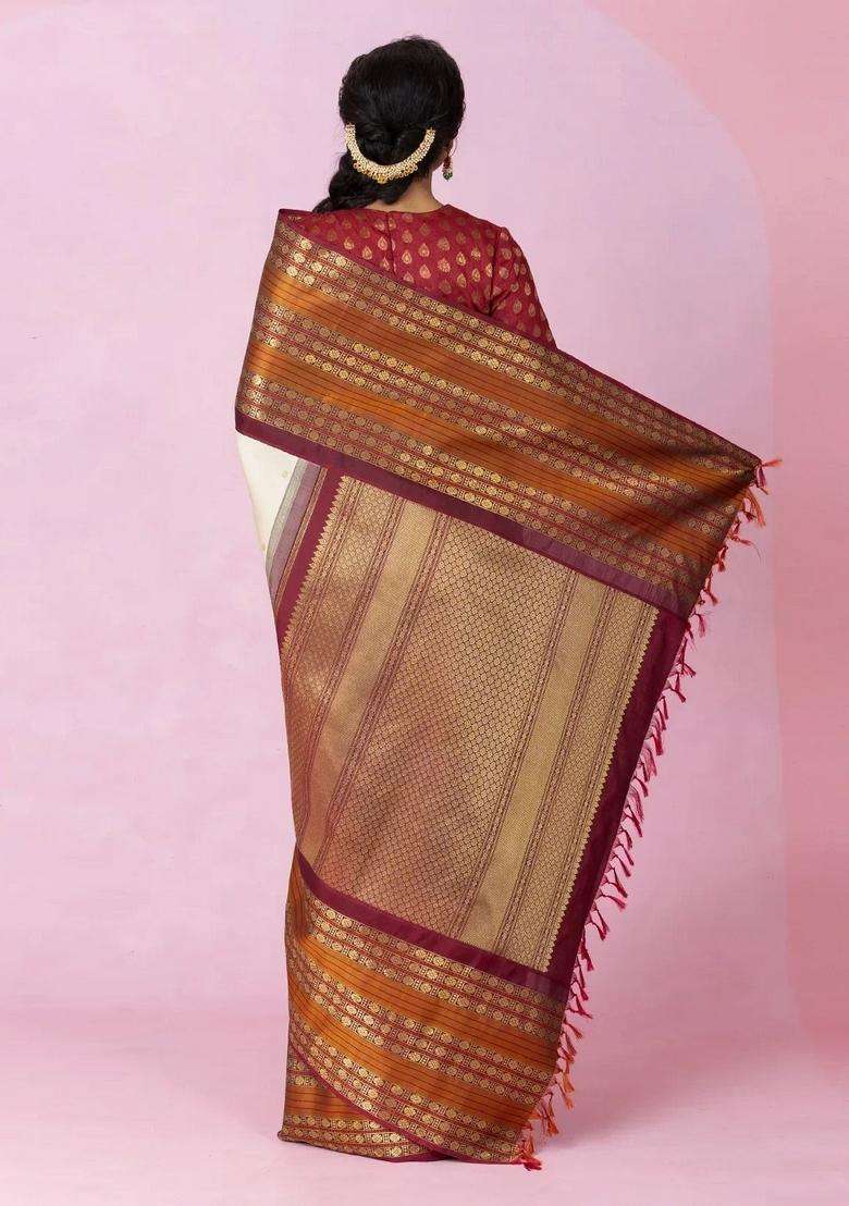 Cream Handloom Korvai Kanchipuram Silk Saree With Zari Buttas With Korvai And Temple Border Design For Women - Indya