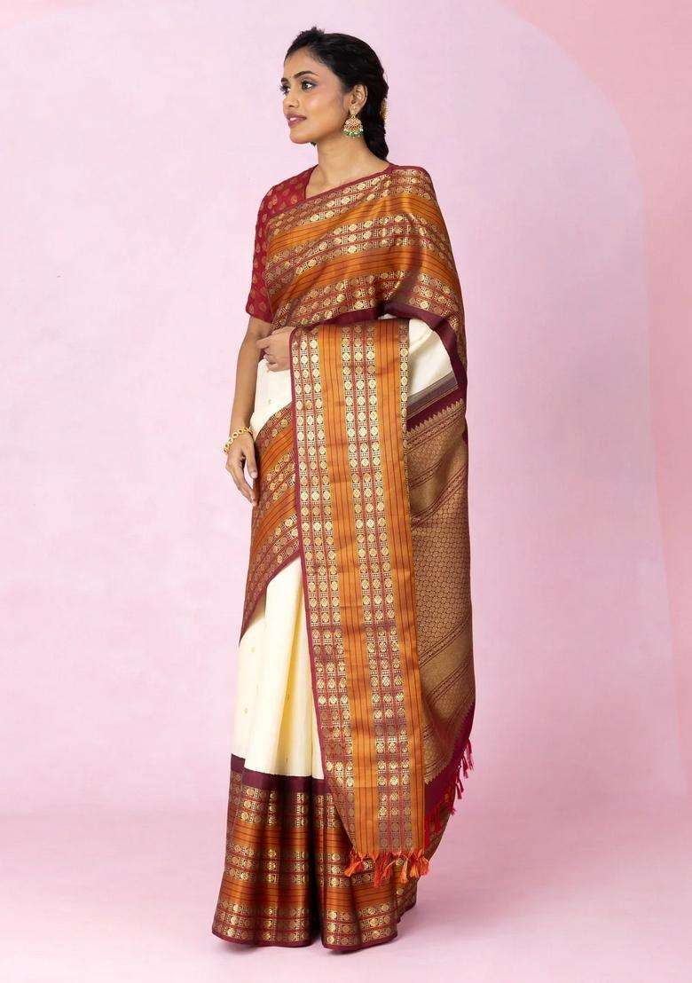 Cream Handloom Korvai Kanchipuram Silk Saree With Zari Buttas With Korvai And Temple Border Design For Women - Indya