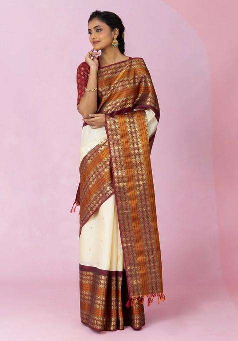 Cream Handloom Korvai Kanchipuram Silk Saree With Zari Buttas With Korvai And Temple Border Design For Women