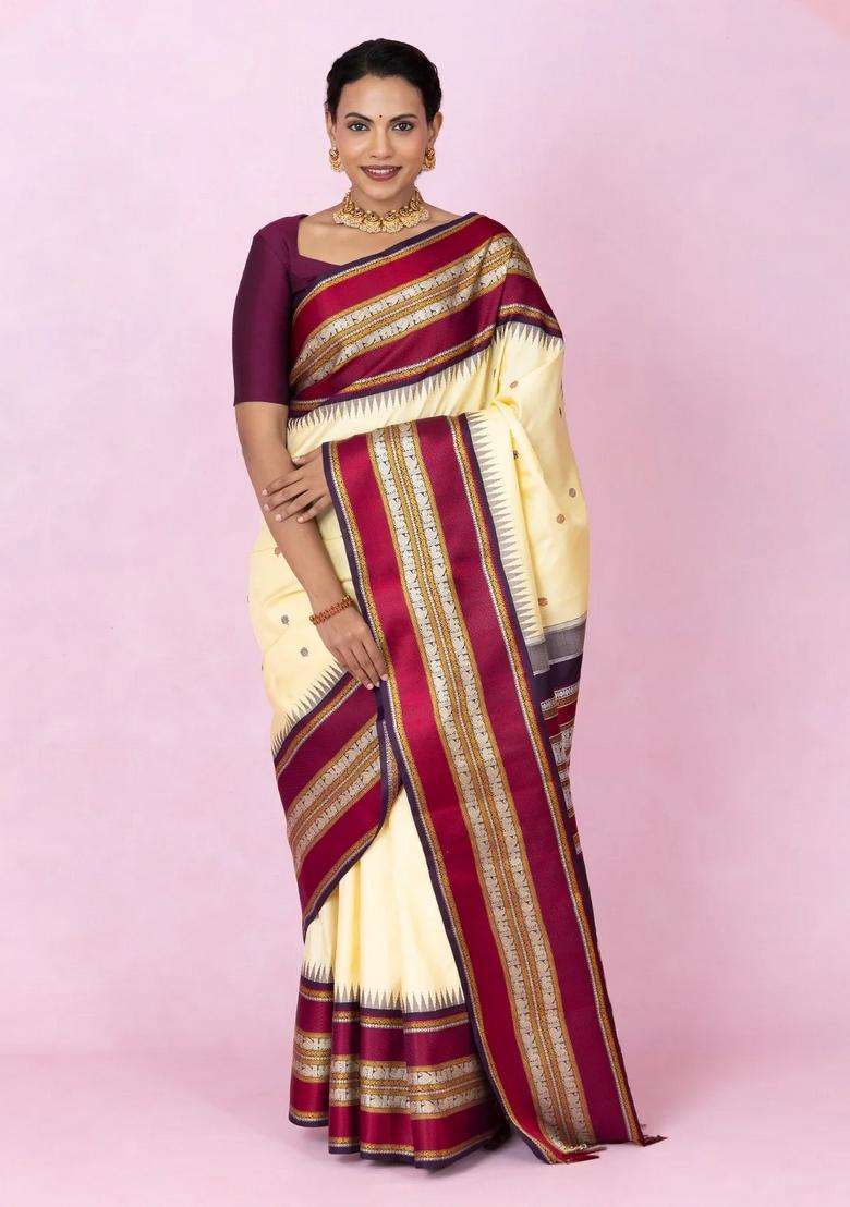 Cream Handloom Korvai Kanchipuram Silk Saree With Silk Thread Work Border With Korvai And Temple Border Design For Women - Indya