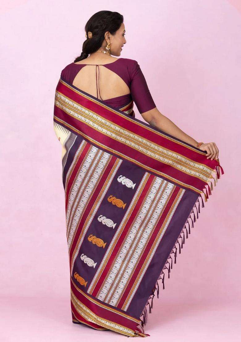 Cream Handloom Korvai Kanchipuram Silk Saree With Silk Thread Work Border With Korvai And Temple Border Design For Women - Indya