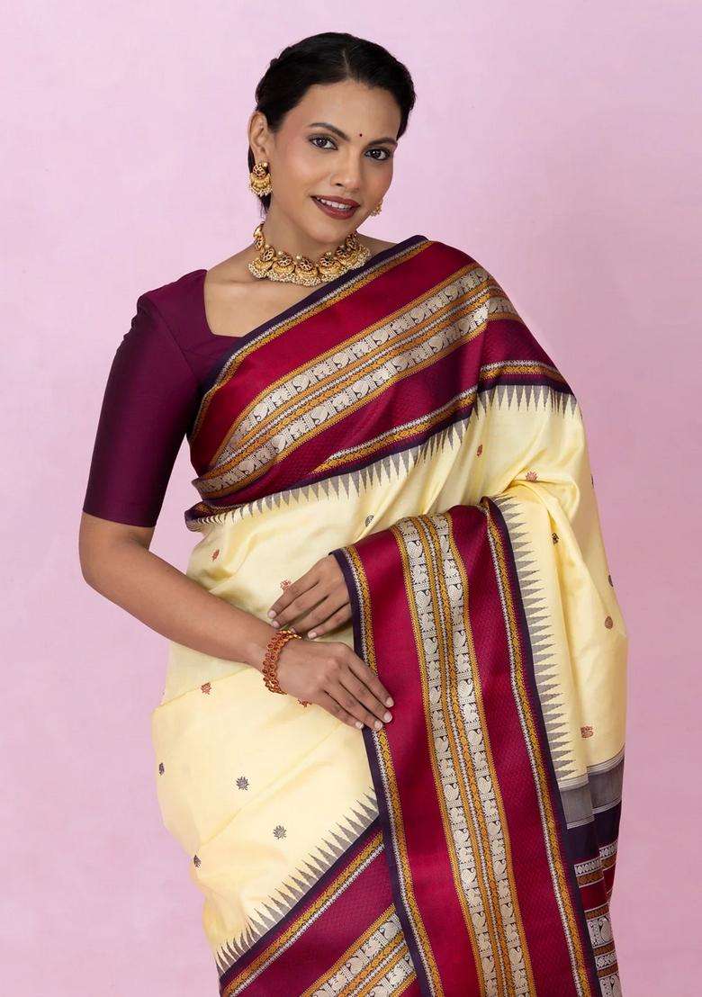 Cream Handloom Korvai Kanchipuram Silk Saree With Silk Thread Work Border With Korvai And Temple Border Design For Women - Indya