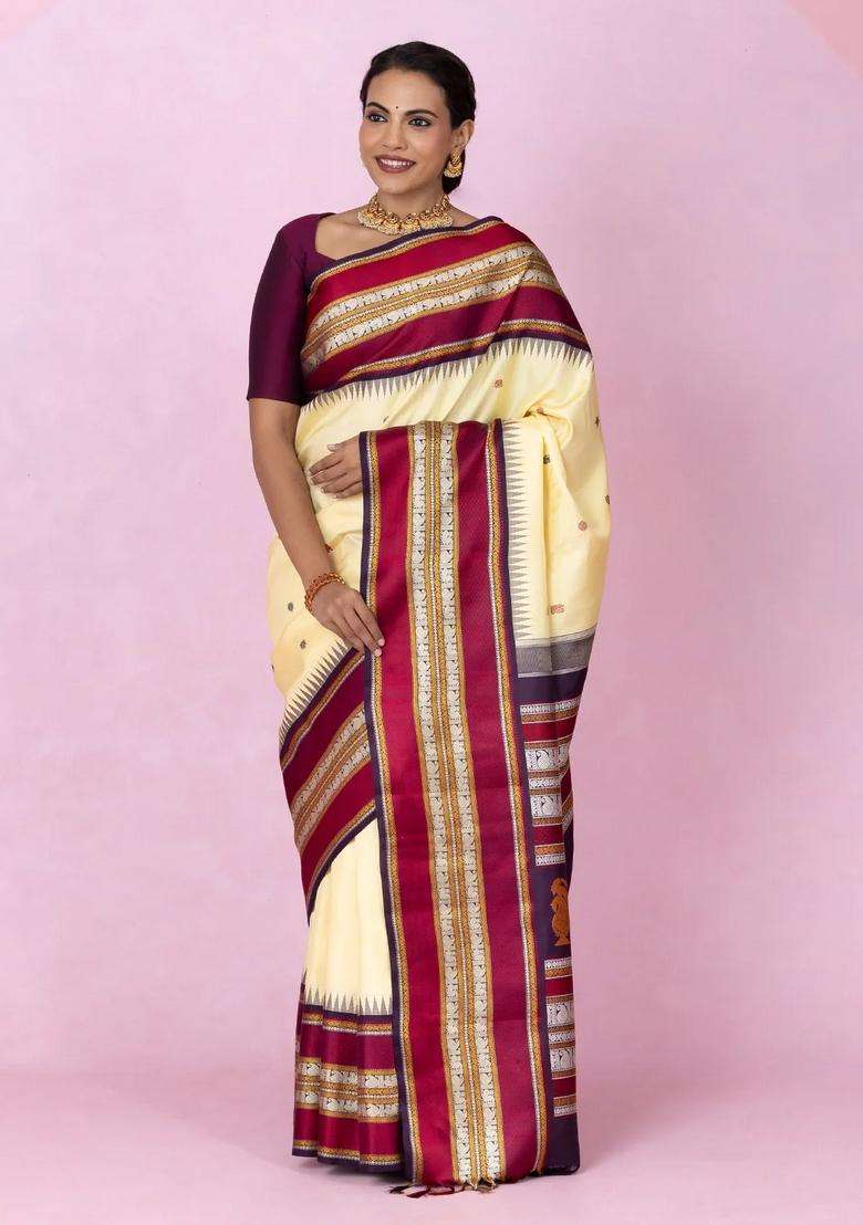 Cream Handloom Korvai Kanchipuram Silk Saree With Silk Thread Work Border With Korvai And Temple Border Design For Women - Indya