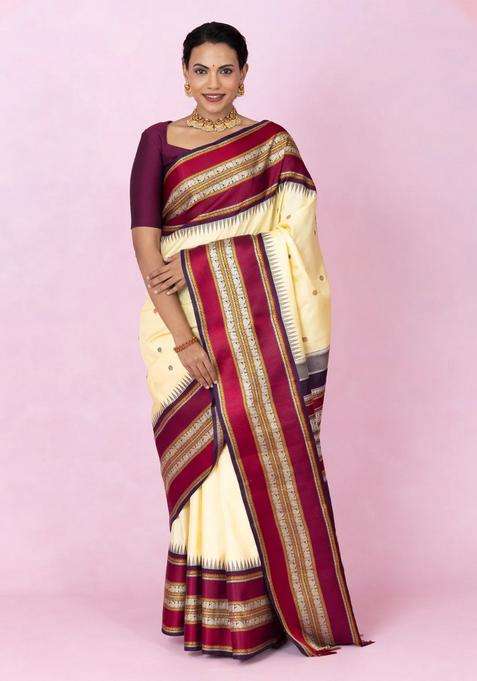 Cream Handloom Korvai Kanchipuram Silk Saree With Silk Thread Work Border With Korvai And Temple Border Design For Women