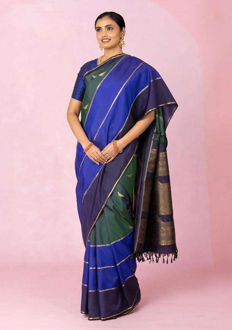 Bottle Green Handloom Kanchipuram Silk Saree With Bird Buttas With Buttas And Brocade Design For Women - Indya