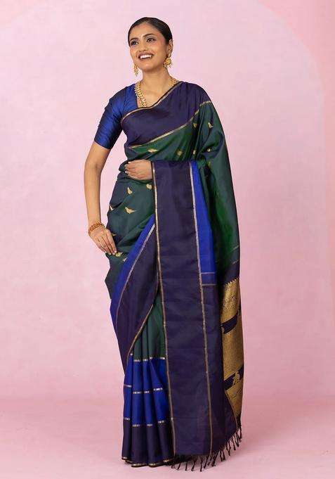 Bottle Green Handloom Kanchipuram Silk Saree With Bird Buttas With Buttas And Brocade Design For Women
