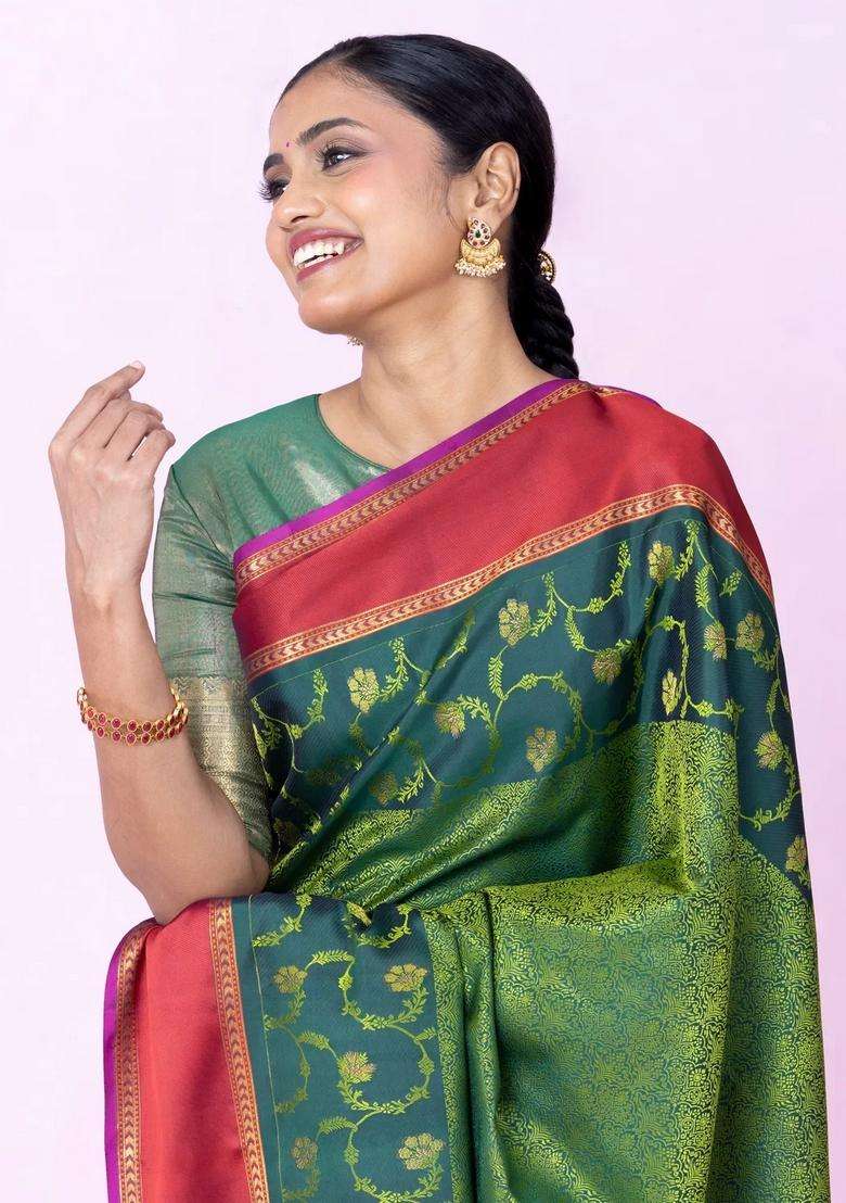 Dark Green Handloom Kanchipuram Silk Saree With Floral Motifs With Buttas And Brocade Design For Women - Indya