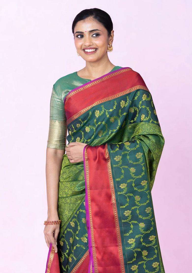 Dark Green Handloom Kanchipuram Silk Saree With Floral Motifs With Buttas And Brocade Design For Women - Indya